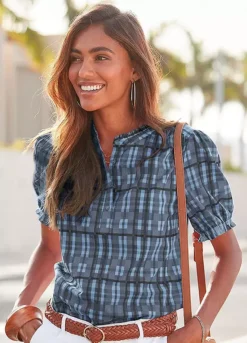 Vivance Short Sleeve Checked Blouse -Beachwear Shore Vivance Short Sleeve Checked Blouse21113249FRSP